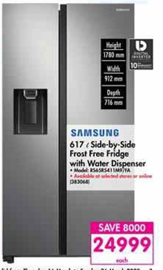 Samsung 617 ℓ SidebySide Frost Free Fridge with water Dispenser offer at Makro