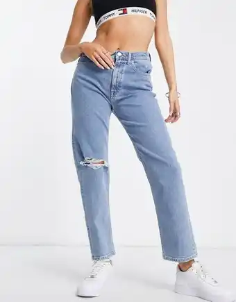 Tommy jeans harper high rise straight knee rip jeans in mid wash