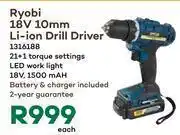 Ryobi 18v 10mm li-ion drill driver 1316188-each