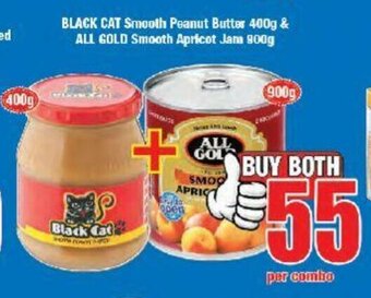 Boxer Black Cat Smooth Peanut Butter 400g & All Gold Smooth Apricot Jam 900g offer