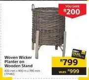 Builders Warehouse Woven wicker planter on wooden stand-400mm x 400m x 390mm offer