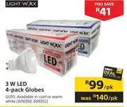 Builders Warehouse Light worx 3w led 4 pack globes-per pack offer