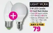 Game Light worx 3w led candle or golf ball globe-for any 2 offer