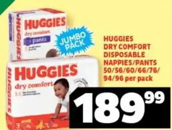 Usave Huggies Dry Comfort Disposable Nappies/Pants 50/56/60/66/76/94/96 per pack offer
