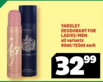 Usave Yardley Deodorant For Ladies/Men 90ml/125ml each offer