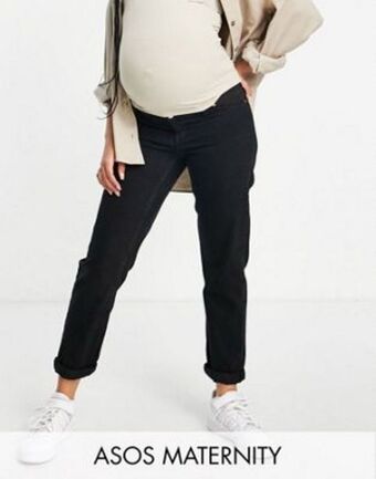 Asos Asos design maternity relaxed mom jeans in black with elasticated side waistband offer