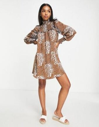 Asos Glamorous shirred neck mini smock dress in brown blue leopard offer