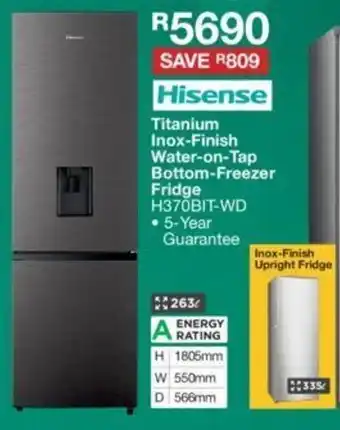House & Home Hisense Titanium Inox-Finish Water-on-Tap Bottom-Freezer Fridge H370BIT-WD offer