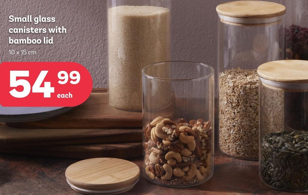Small glass canisters with bamboo lid offer at PEP