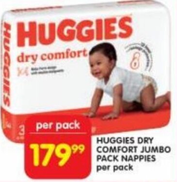 Huggies Dry Comfort Jumbo Pack Nappies per pack offer at Shoprite