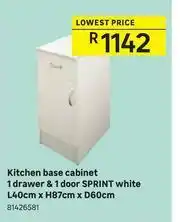 Sprint Kitchen Base Cabinet 1 Drawer & 1 Door (White) L40cm x H87cm x D60cm