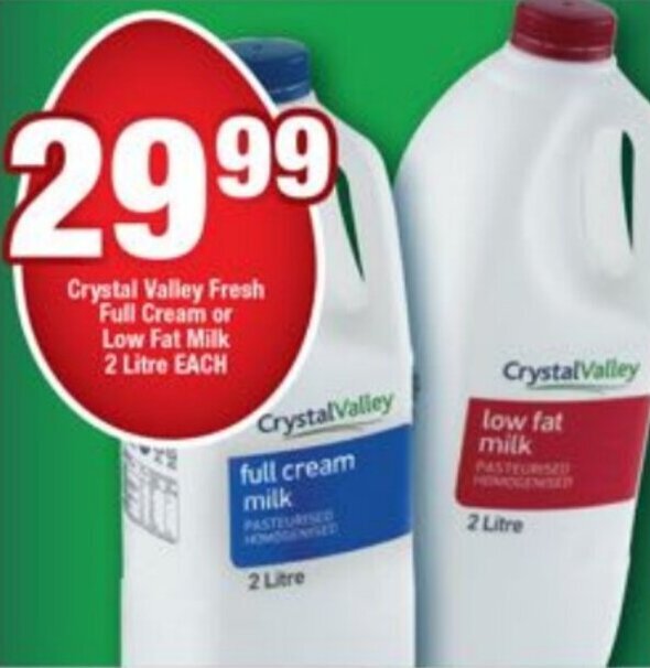 Crystal Valley Fresh Full Cream or Low Fat Milk 2 Litre each offer at OK Foods