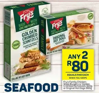 Pick n Pay Fry's Family Chicken Style Burgers or Golden Crumbed Schnitzels 320g or Original Hot Dogs 360g offer