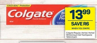 Pick n Pay Colgate Regular, Herbal, Herbal Whitening or Gel Toothpaste 100ml each offer