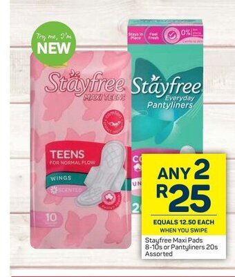 Stayfree Maxi Pads 8-10s or pantyliners 20s Assorted