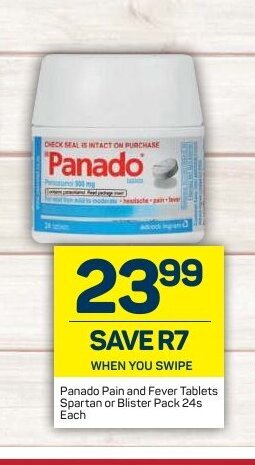 Panado Pain and Fever Tablets Spartan or Blister Pack 24s each