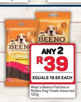 Pick n Pay West's Beeno Flatties or Rollies Dog Treats Assorted 120g offer