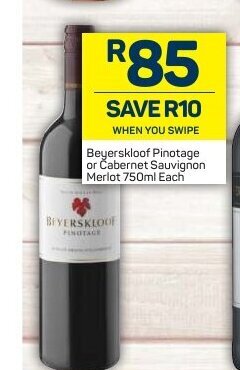Pick n Pay Beyerskloof Pinotage or Cabernet Sauvignon Merlot 750ml each offer