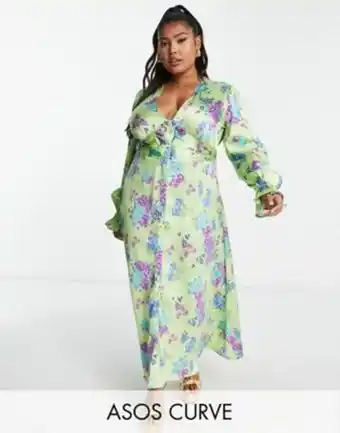Asos design curve satin button through midi tea dress in green base floral print