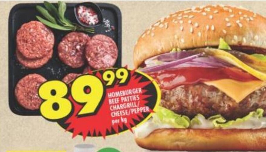 Homeburger Beef Patties Chargrill/Cheese/Pepper per kg offer at Shoprite