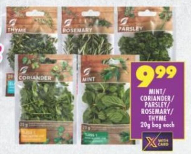 Mint/Coriander/Parsley/Rosemary/Thyme 20g bag each offer at Shoprite