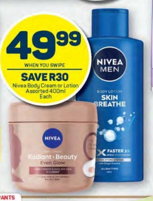 Nivea Body Cream or Lotion Assorted 400ml each offer at Pick n Pay