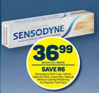 Pick n Pay Sensodyne Multi Care, Herbal Clean & Fresh Mint, Natural White or Gentle Whitening Toothpaste 75ml each offer