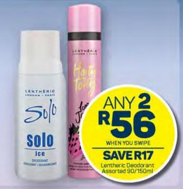 Lentheric Deodorant Assorted 90/150ml offer at Pick n Pay