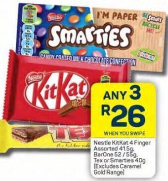Pick n Pay Nestle KitKat 4 Finger Assorted 41,5g, BarOne 52/55g, Tex or Smarties 40g (Excludes Caramel Gold Range) offer