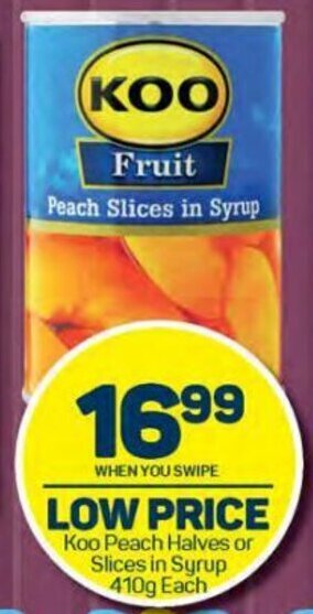 Pick n Pay Koo Peach Halves or Slices in Syrup 410g each offer