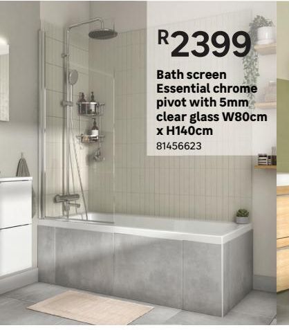 Bath screen essential chrome pivot with 5mm clear glass w80cm x h140cm ...