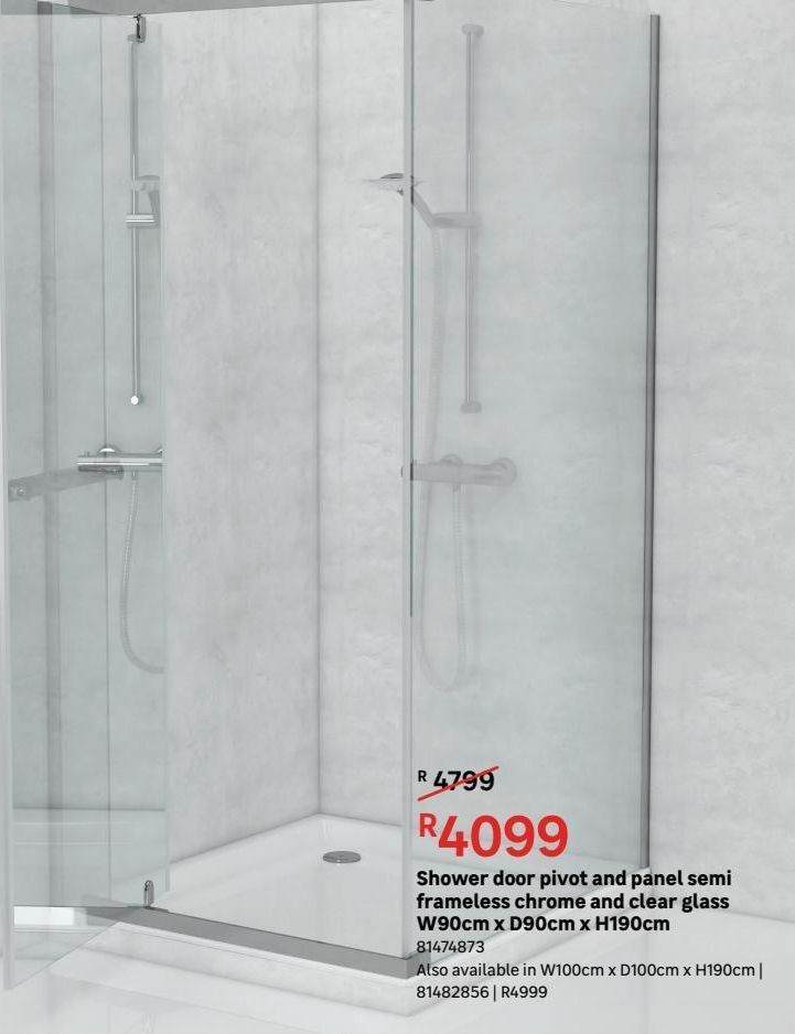 Shower door pivot and panel semi frameless chrome and clear glass w90cm