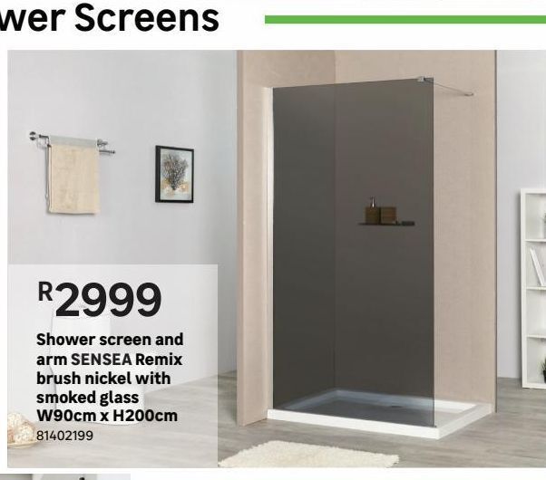 Shower screen and arm sensea remix brush nickel with smoked glass w90cm x h200cm offer at Leroy