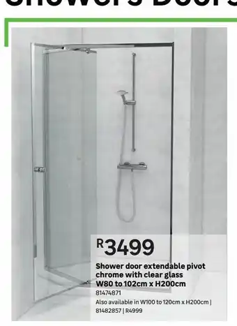 Leroy Merlin Shower door extendable pivot chrome wwith cear glass w80cm to 102cm x h200cm offer