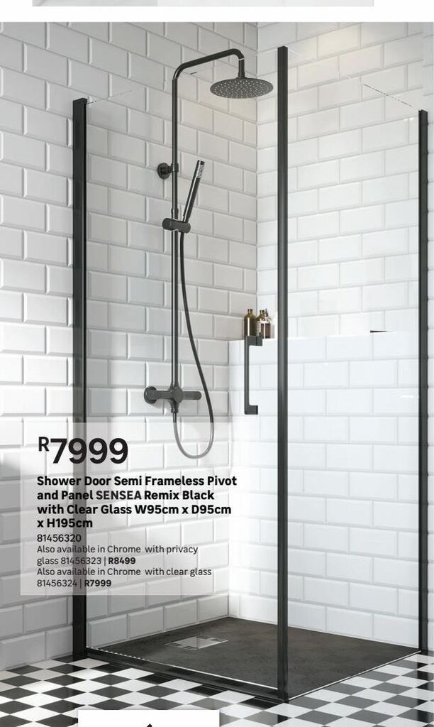 Shower door semi frameless pivot and panel sensea remix black with