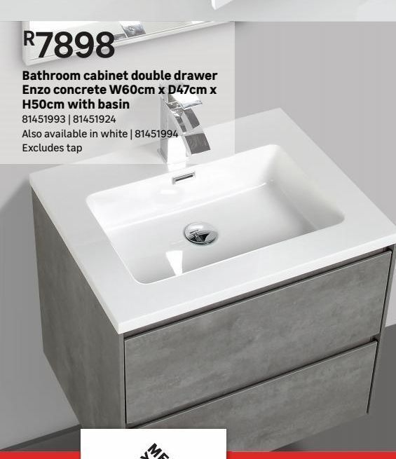 Bathroom double drawer enzo concrete w60cm x d47cm x h50cm with