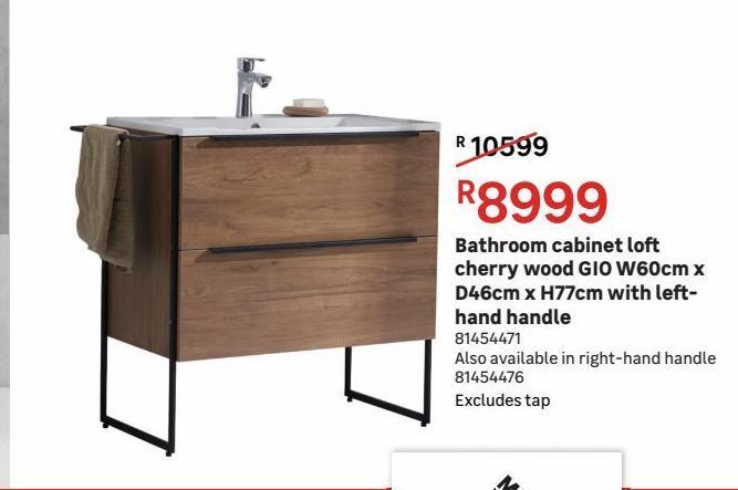 Bathroom cabinet loft cherry wood gio w60cm x d46cm x h77cm with left ...