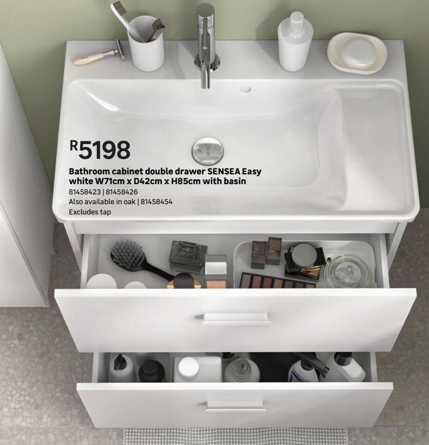 Bathroom double drawer sensea easy white w71cm x d42cm x h85cm