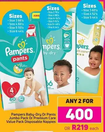 Game Pampers Baby-Dry or Pants Jumbo Pack or Premium Care Value Pack Disposable Nappies offer