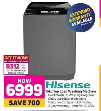 Game HIsense 16kg Top Load Washing Machine offer