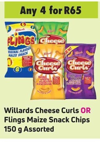 Game Willards Cheese Curls or Flings Maize Snack Chips 150g assorted offer