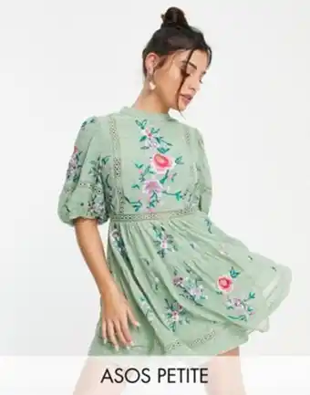 Asos Asos design petite high neck dobby embroidered mini dress with lace trims in sage green offer