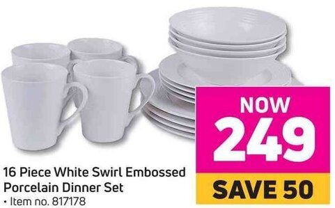 Game 16 Piece White Swirl Embossed Porcelain Dinner Set offer