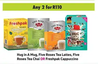 Game Hug in A Mug, Five Roses Tea Lattes, Five Roses Tea Chai OR Freshpak Cappuccino offer