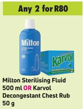 Game Milton Sterilising Fluid 500ml or Karvol Decongestant Chest Rub 50g offer