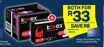 Pick n Pay Kotex Ultra Pads 7-10s and Pantyliners 20s offer