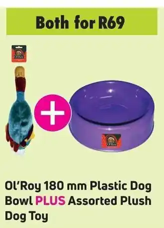 Game Ol'Roy 180mm Plastic Dog Bowl PLUS Assorted Plush Dog Toy offer