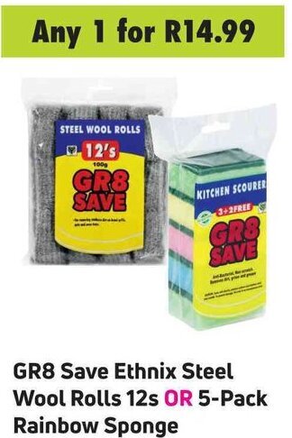 GR8 Save Ethnix Steel Wool Rolls 12s OR 5-Pack Rainbow Sponge