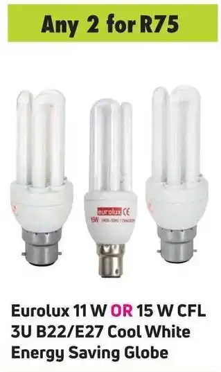 Game Eurolux 11W OR 15 W CFL 3U B22/E27 Cool White Energy Saving Globe offer