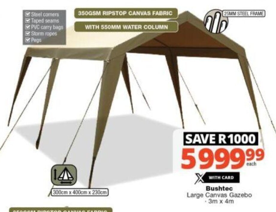 Bushtec Large Canvas Gazebo 3mx4m offer at Checkers